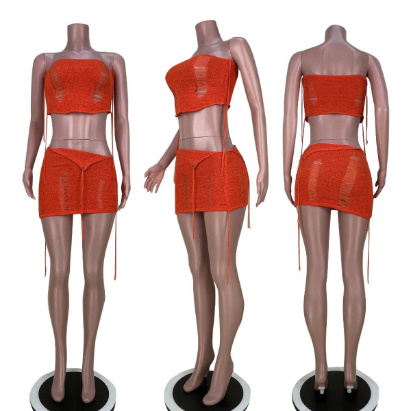 Sexy Wrapped Chest Perspective Irregular Skirt Two Piece Set
