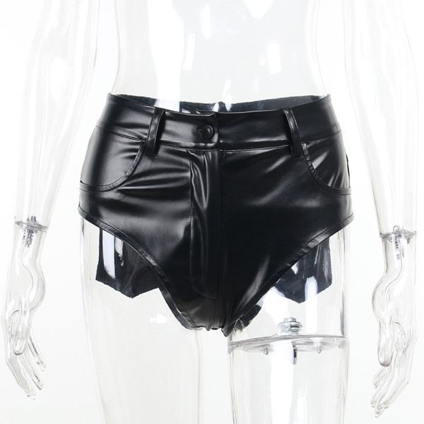 Leather shorts with high waistband and buttocks, PU leather bottom, elastic tight and sexy hot pants