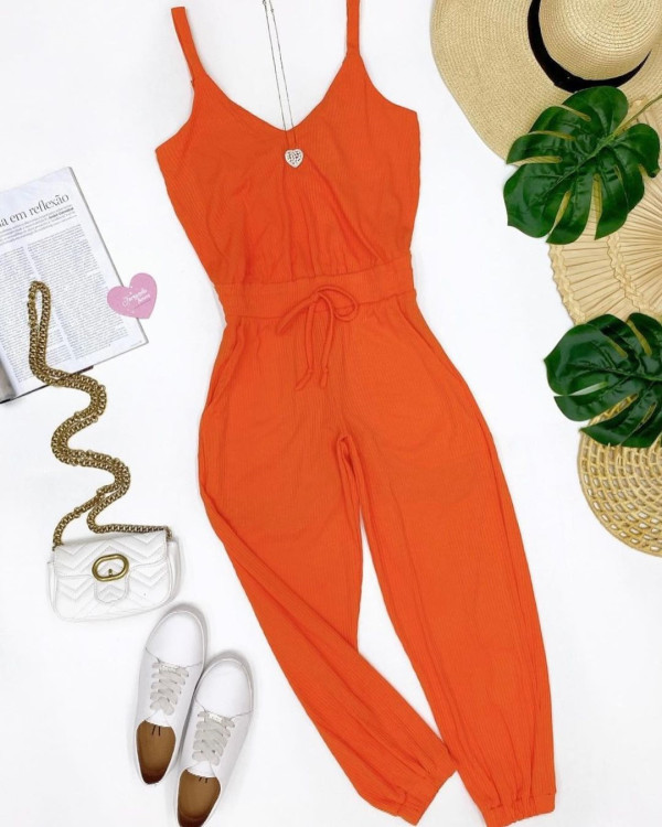 V-neck suspender with high waist and slim little foot jumpsuit pants