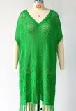 Women's solid color tassel hollowed out knit shirt loose oversized beach skirt
