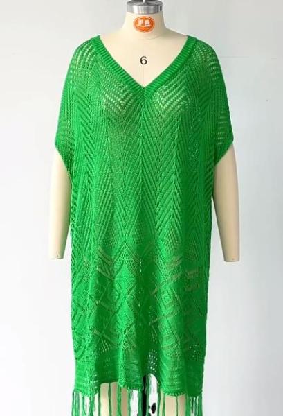 Women's solid color tassel hollowed out knit shirt loose oversized beach skirt