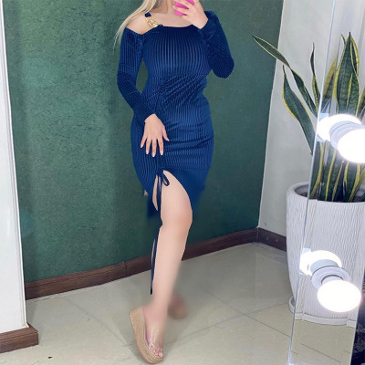Slanted shoulder neck drawstring slit dress short skirt