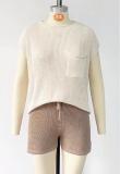Women's loose casual set, large size with pockets, solid color women's knit shirt