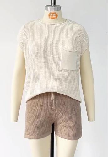 Women's loose casual set, large size with pockets, solid color women's knit shirt