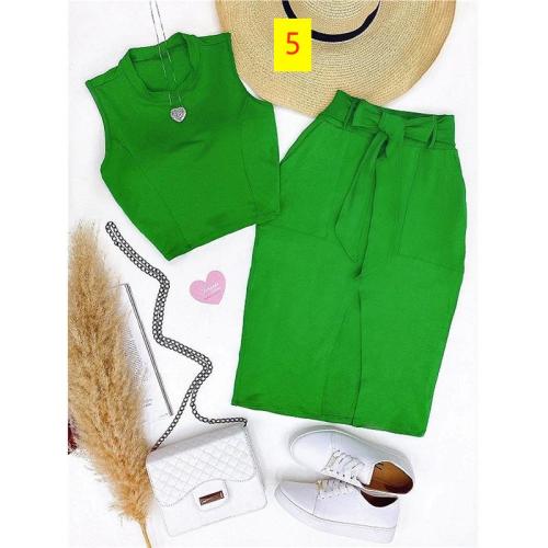 Solid Short Sleeveless Tank Top High Waist Wrap Hip Half Dress Two Piece Set