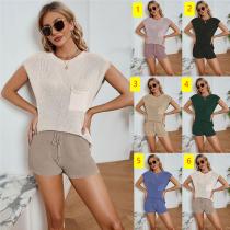 Women's loose casual set, large size with pockets, solid color women's knit shirt Women's loose casual set, large size with pockets, solid color women's knit shirt