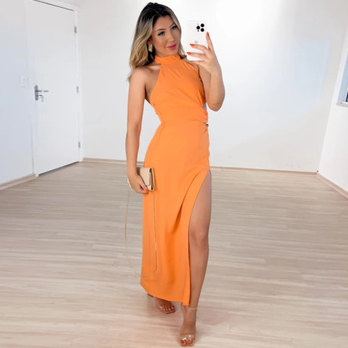 Hanging Neck High Waist Open Back Split Dress Long Dress