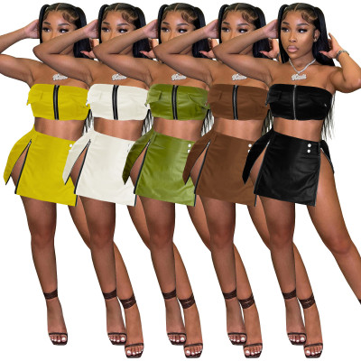 Solid PU leather zippered belt with slit and exposed navel two-piece skirt set