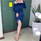 Slanted shoulder neck drawstring slit dress short skirt
