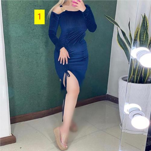 Slanted shoulder neck drawstring slit dress short skirt