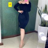 Slanted shoulder neck drawstring slit dress short skirt