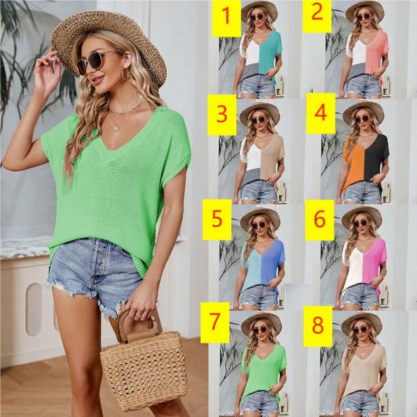 Women's V-neck color matching sleeve top loose casual large T-shirt