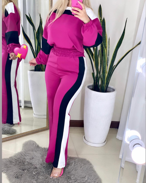 Stripe color matching round neck lantern sleeve long sleeved high waisted straight leg pants two-piece set
