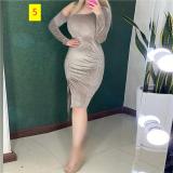 Slanted shoulder neck drawstring slit dress short skirt