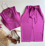 Solid Short Sleeveless Tank Top High Waist Wrap Hip Half Dress Two Piece Set