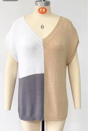 Women's V-neck color matching sleeve top loose casual large T-shirt