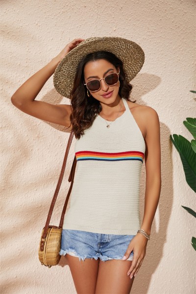 Women's Rainbow Colored Hanging Neck Top Fashion Open Back Knitted Lace Up Tank Top