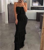 Bust tied pleated ruffled long skirt Bust tied pleated ruffled long skirt
