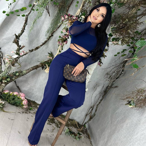 Sweet Mesh Long Sleeve Top High Waist Straight Trousers Fashion Casual Set