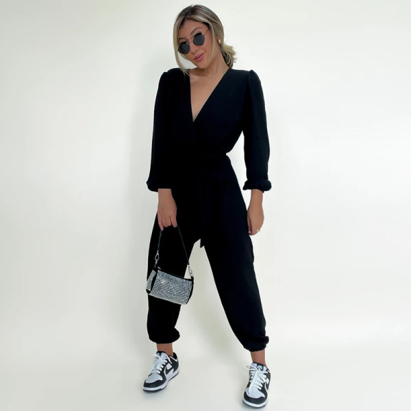 Wash water wrinkled V-neck long sleeved lace up high waisted jumpsuit pants