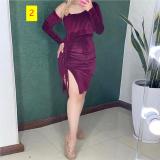 Slanted shoulder neck drawstring slit dress short skirt