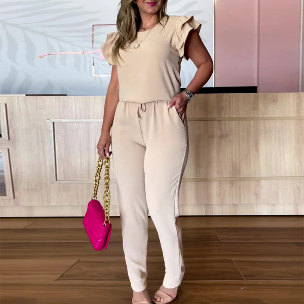 Ruffle sleeved shirt drawstring high waisted casual pants two-piece set