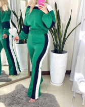 Stripe color matching round neck lantern sleeve long sleeved high waisted straight leg pants two-piece set Stripe color matching round neck lantern sleeve long sleeved high waisted straight leg pants two-piece set