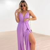 V-neck open back lace up high waisted split jumpsuit pants