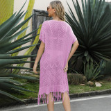 Women's solid color tassel hollowed out knit shirt loose oversized beach skirt