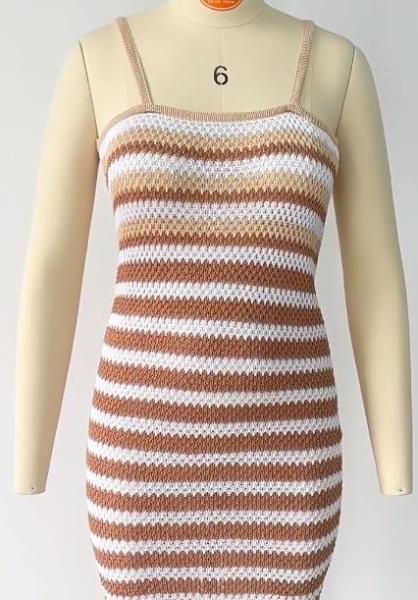 Sexy Open Back Knitted Strap Dress Stripe Contrast Beach Dress
