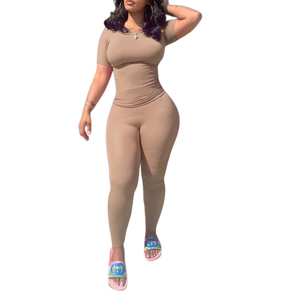 Women's solid color slim fitting short sleeved high waisted tight pants casual set