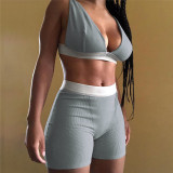 Sexy V-neck Casual Tank Top Split Short Pants Sports Yoga Set Two Piece Set