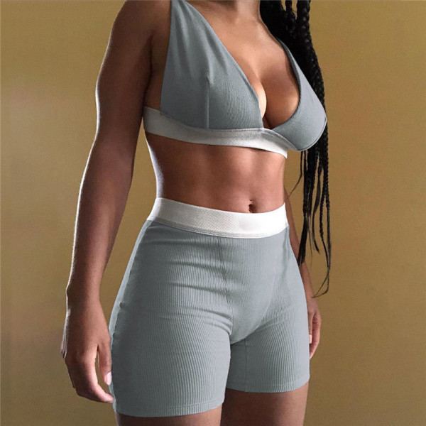 Sexy V-neck Casual Tank Top Split Short Pants Sports Yoga Set Two Piece Set
