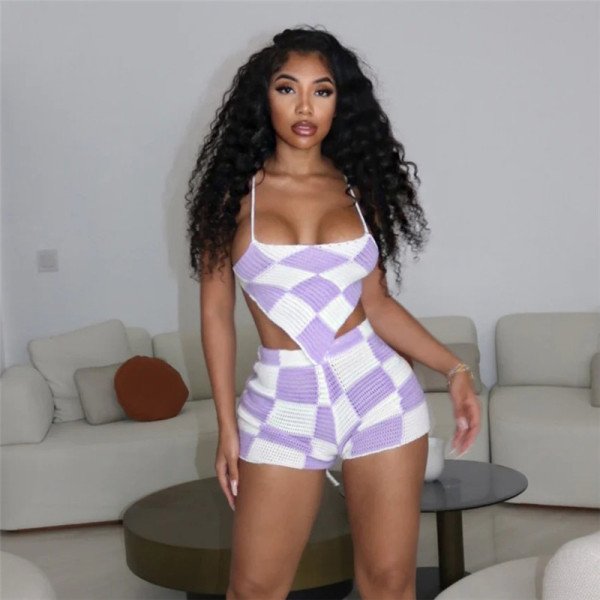 Sexy Hollow Knit Hanging Neck Tank Top High Waist Slim Wrap Hip Shorts Set