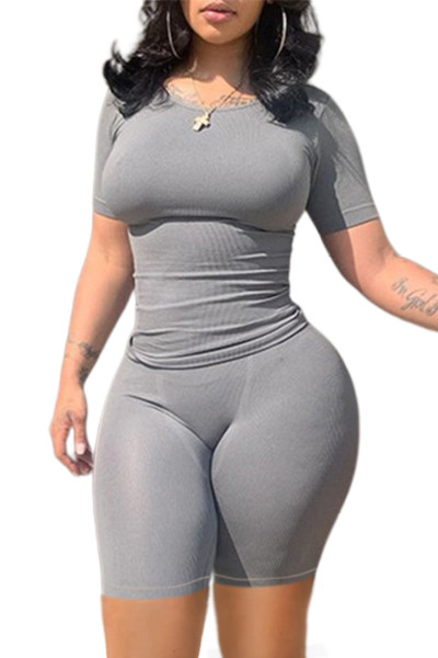 Women's solid color slim fitting short sleeved high waisted tight shorts casual set