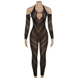 Women's long sleeved low neck hollowed out hanging neck slim fitting high waisted casual jumpsuit