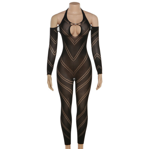 Women's long sleeved low neck hollowed out hanging neck slim fitting high waisted casual jumpsuit