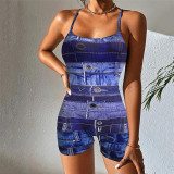 Digital printed sexy backless suspender short sports jumpsuit