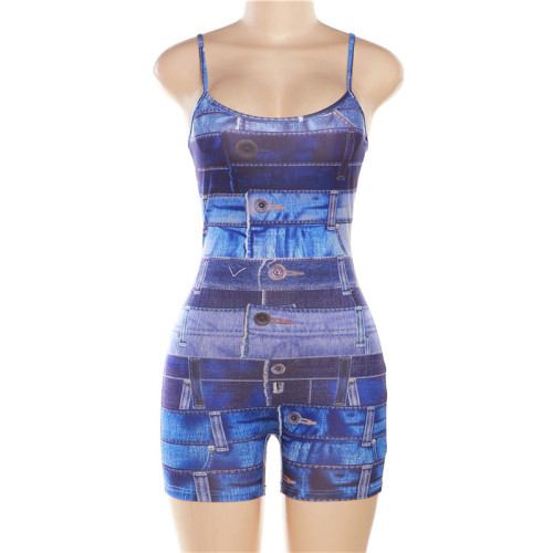 Digital printed sexy backless suspender short sports jumpsuit