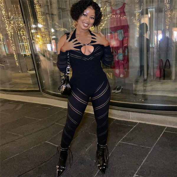 Women's long sleeved low neck hollowed out hanging neck slim fitting high waisted casual jumpsuit