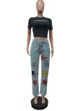 Sequin printed perforated pentagram jeans