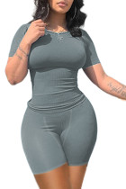 Women's solid color slim fitting short sleeved high waisted tight shorts casual set Women's solid color slim fitting short sleeved high waisted tight shorts casual set