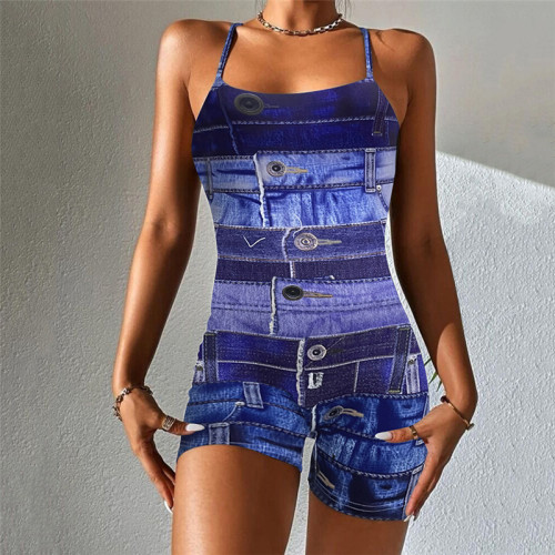 Digital printed sexy backless suspender short sports jumpsuit