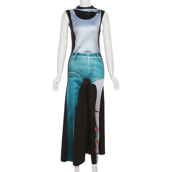 Sexy Sleeveless Printed High Waist Slim Fit Dress