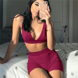 Sexy V-neck Casual Tank Top Split Short Pants Sports Yoga Set Two Piece Set