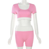 Women's patchwork color contrast short sleeved top slim fitting casual shorts set