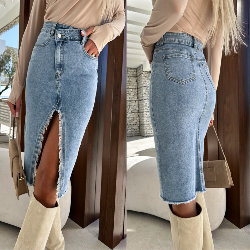 Split fashion casual solid denim buttocks skirt