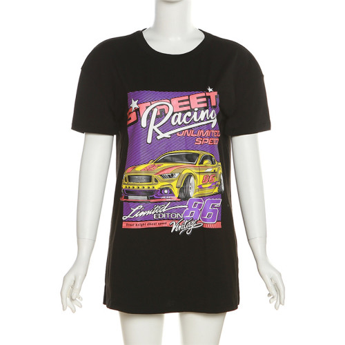 Vintage printed medium length loose fitting short sleeved top