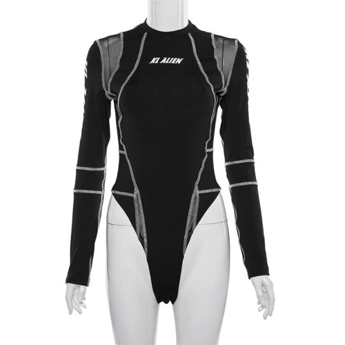 Women's sexy mesh printed long sleeved jumpsuit