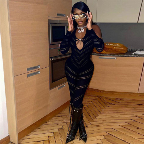 Women's long sleeved low neck hollowed out hanging neck slim fitting high waisted casual jumpsuit